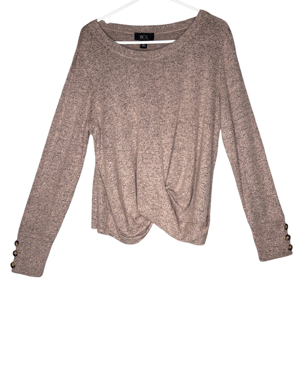 BCX Heathered Tan Brown Knit Top, Button Cuffs, XL